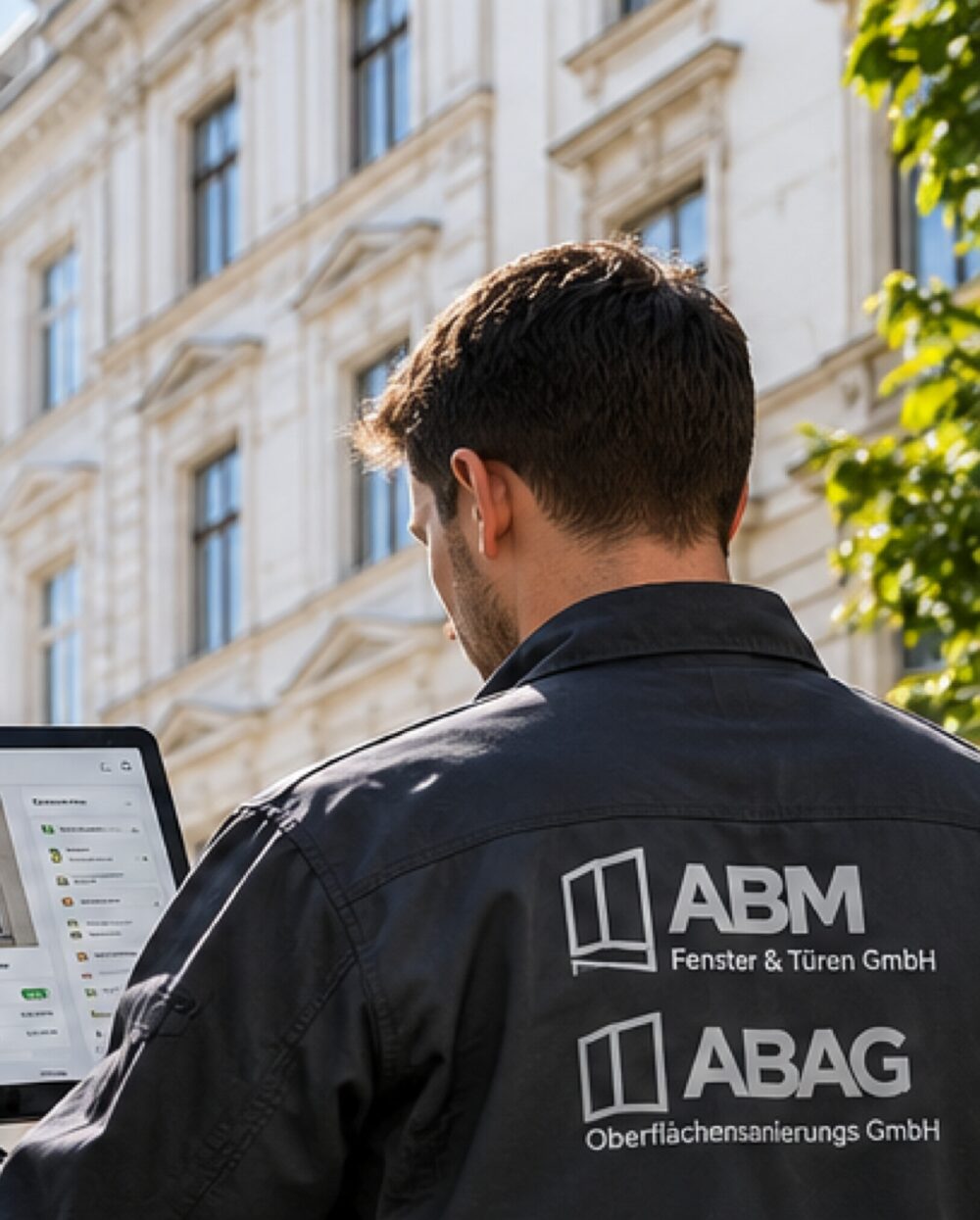 FensterCare-Techniker mit dem digitalen Fensterpass vor einem Wiener Altbau